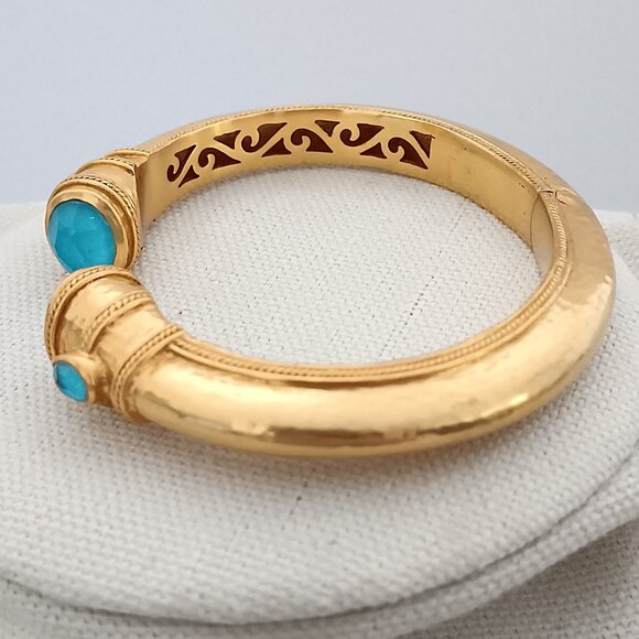 Julie Vos Cuff Hinged Bangle Bracelet Gold Plated & Turquoise Blue Glass Stone - Picture 4 of 5